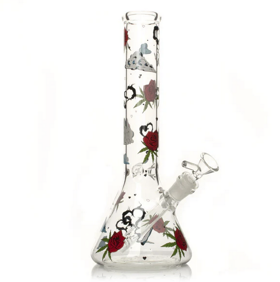 Red Eye Glass 12" Roses & Weed Beaker Base Water Pipe